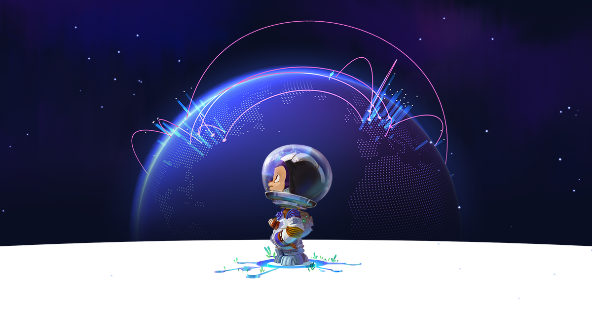 GitHub's Octocat looking up at the planet Earth.